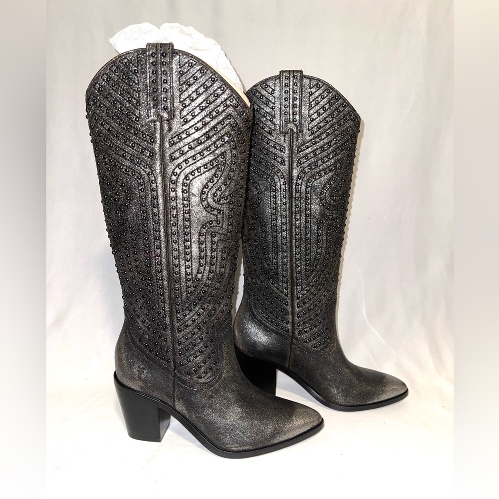 FRYE Faye studded metallic high cowboy boots women’s 8 new in box